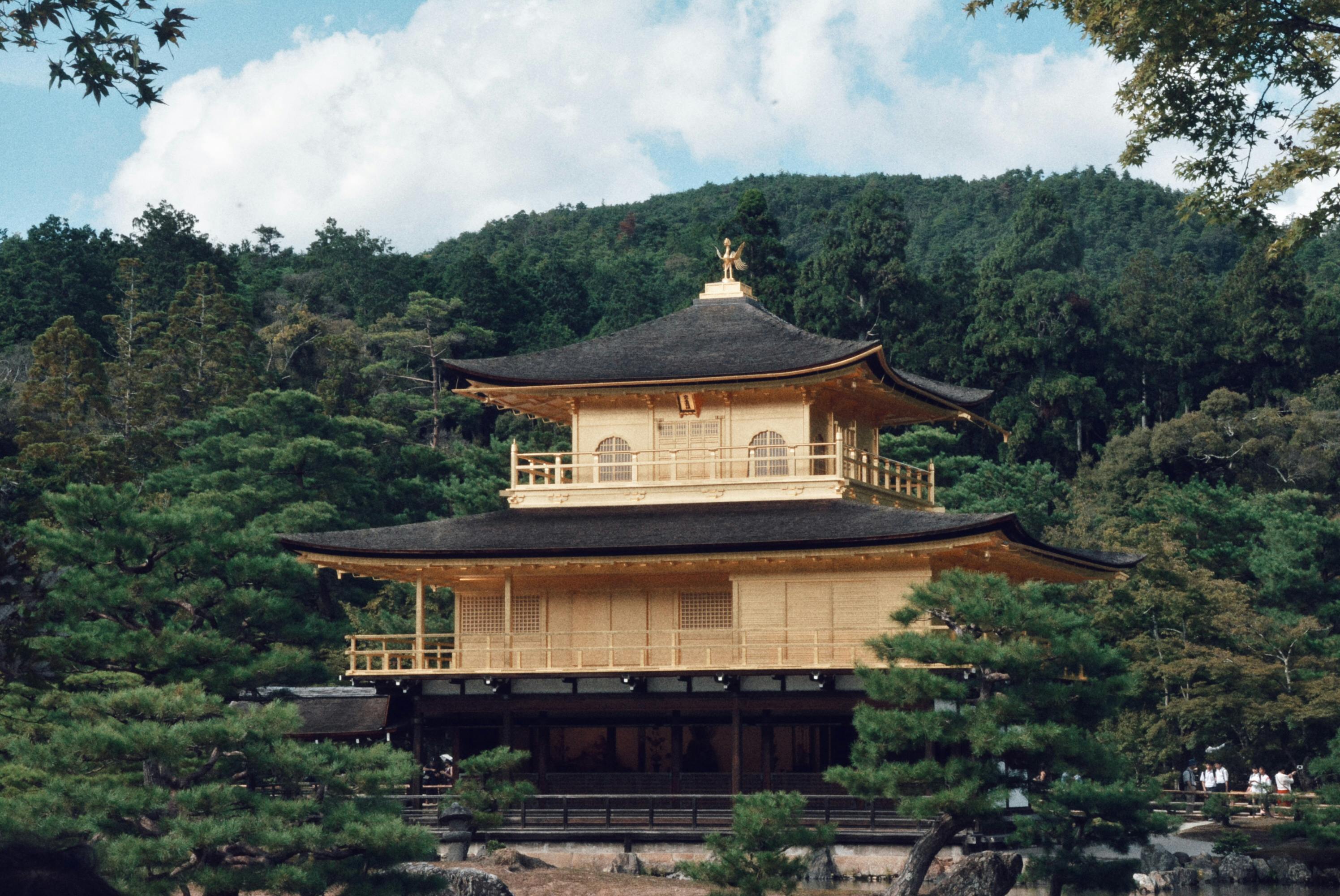 The beautiful Golden Pavilion (Kinkaku-ji) in Kyoto amidst lush greenery and a clear sky.