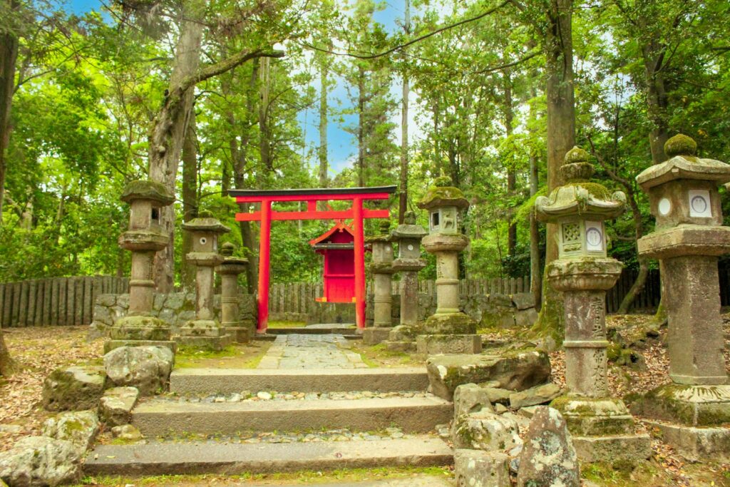 a red gate in the middle of a forest