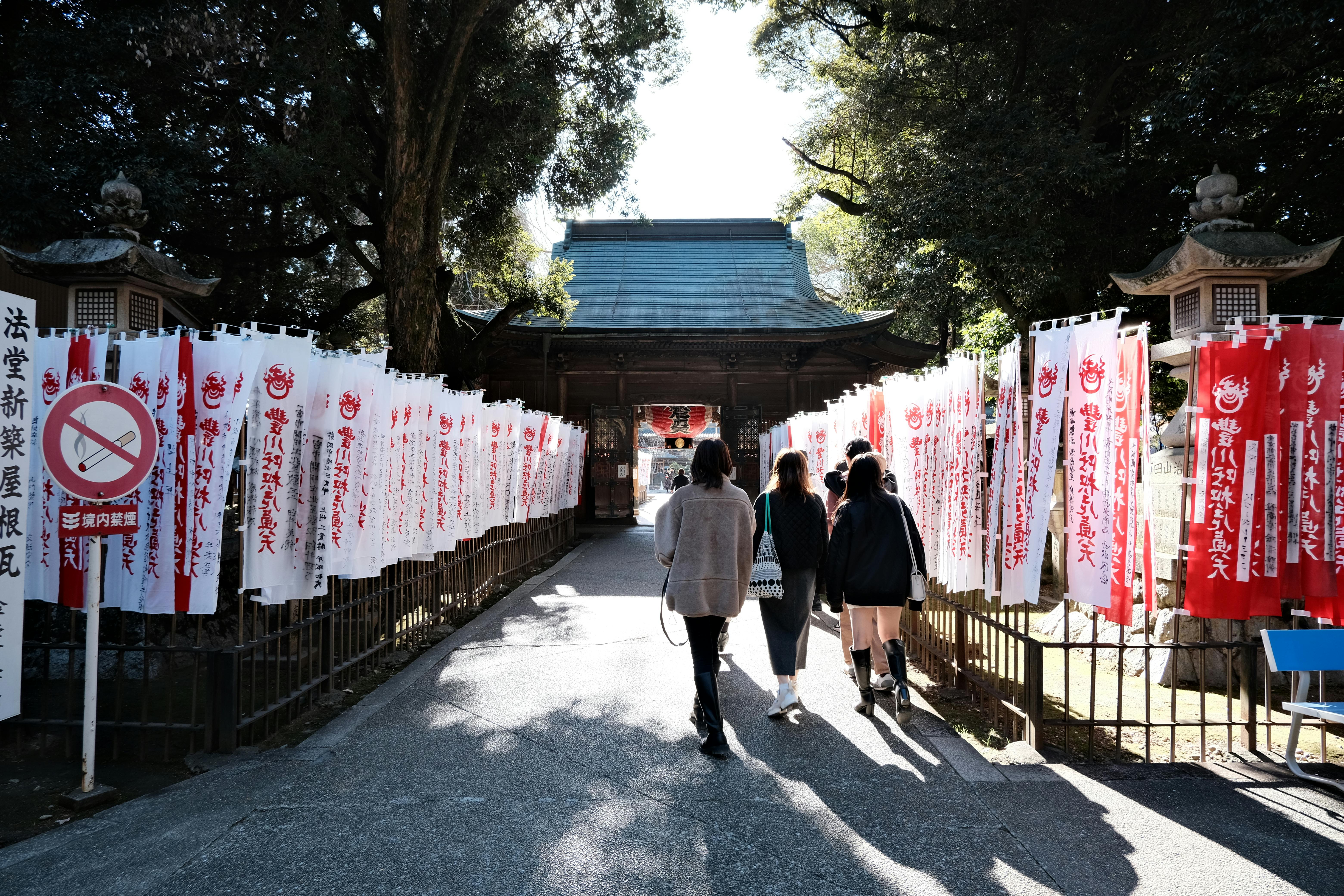 A serene walk towards Toyokawa Inari Temple surrounded by traditional banners.