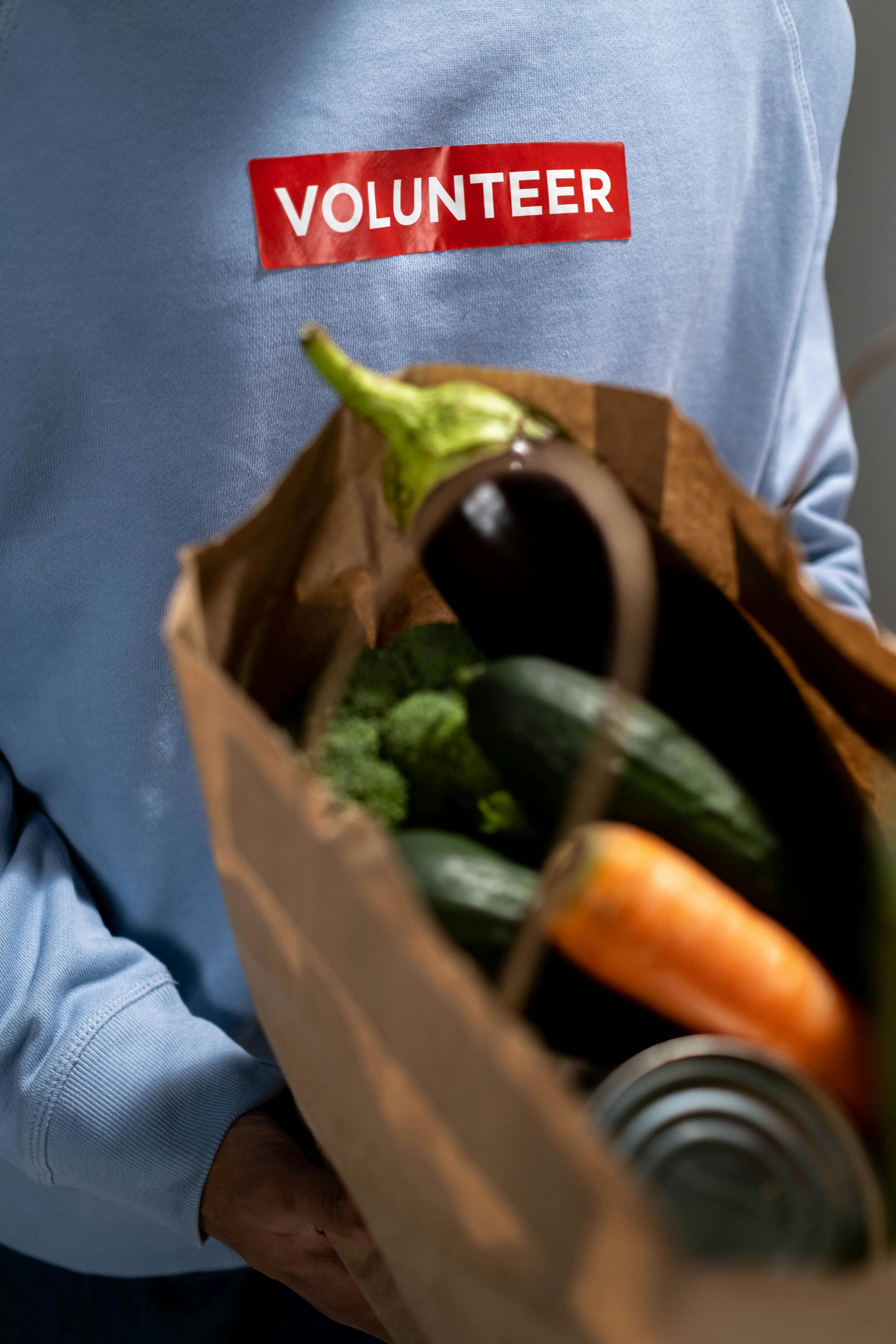 A volunteer holds a paper bag filled with fresh vegetables, symbolizing community service and support.