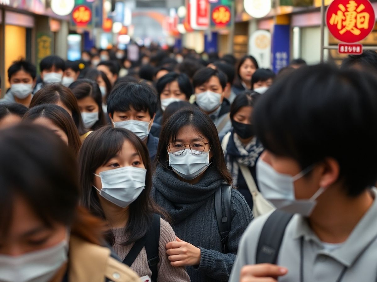 People in masks in a crowded Japanese city.